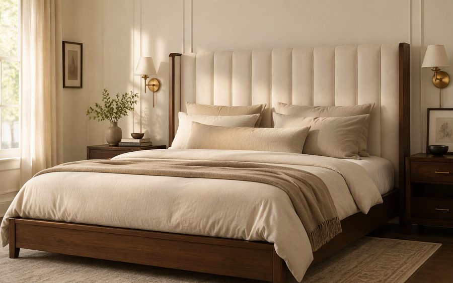 Custom bed with a tall channel-tufted ivory bouclé headboard and walnut frame