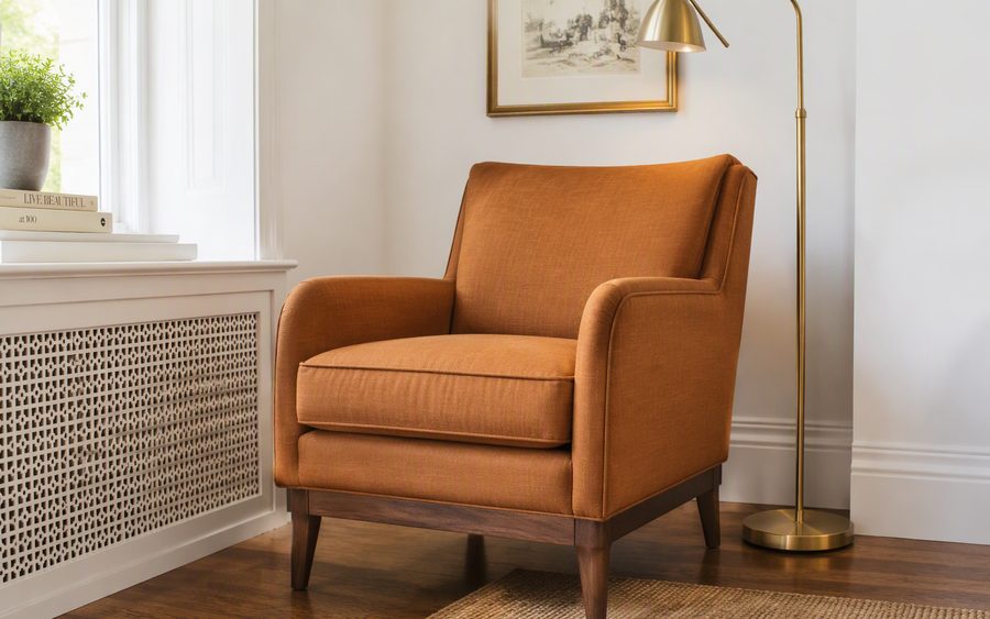 Elegant armchair fully reupholstered in warm camel linen