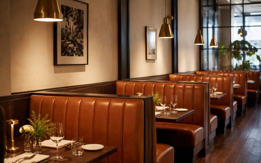 Restaurant booths newly upholstered in rich caramel leather with brass pendant lights