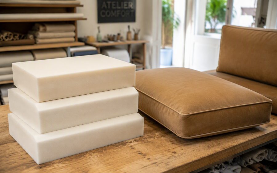 Fresh high-density foam cushions on a workbench beside a plump upholstered seat