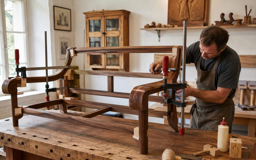 Craftsman reinforcing a hardwood sofa frame with corner blocks and clamps