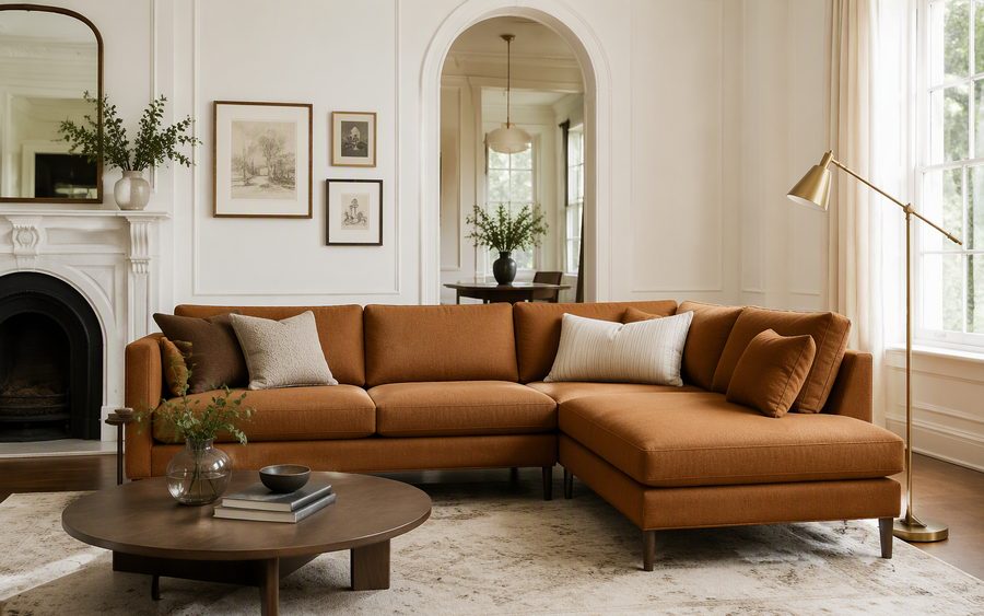 Bespoke L-shaped sectional in camel linen with walnut legs in a bright living room