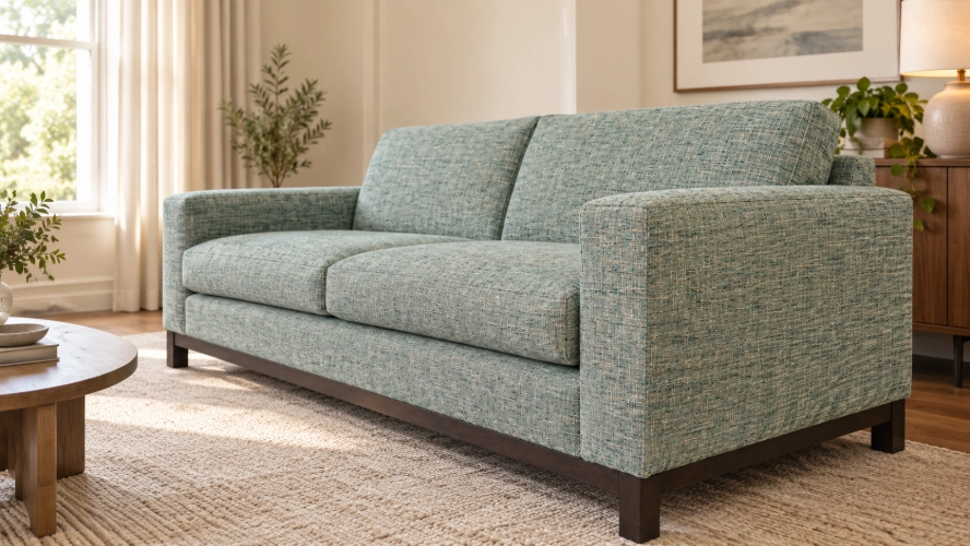 SOFFIRO custom sofa in seafoam upholstery with a dark wood base in a sunlit living room