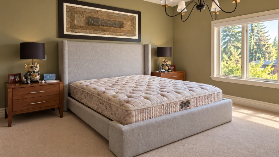 SOFFIRO custom upholstered bed with a tall wingback headboard in a warm sage bedroom