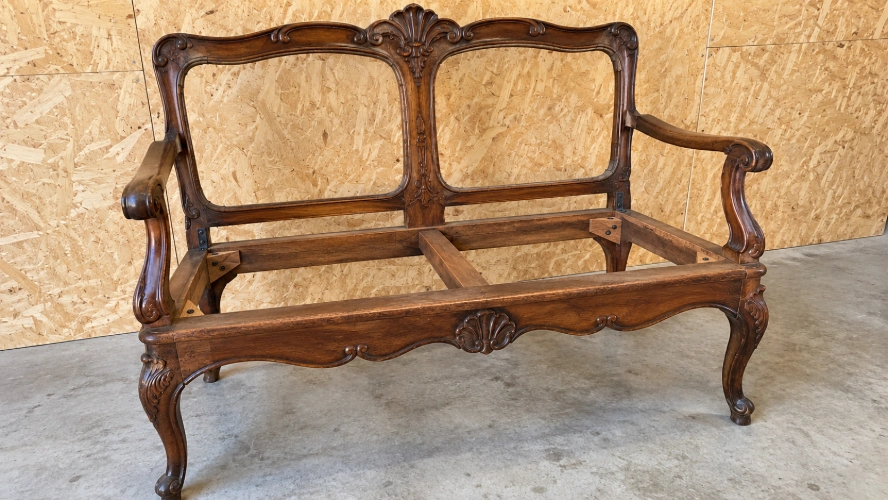 SOFFIRO restored antique settee frame with reinforced corner blocks and a repaired centre support