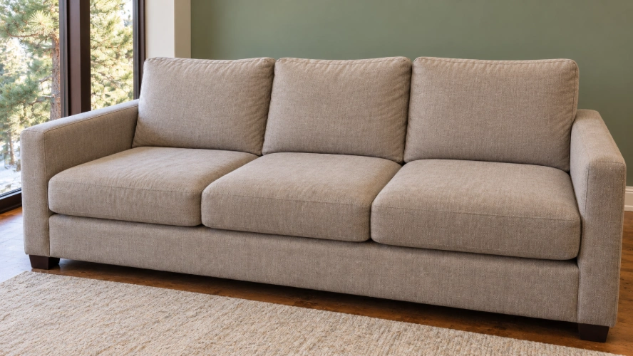 SOFFIRO sofa with restored seat and back cushions after foam replacement beside a sunlit window